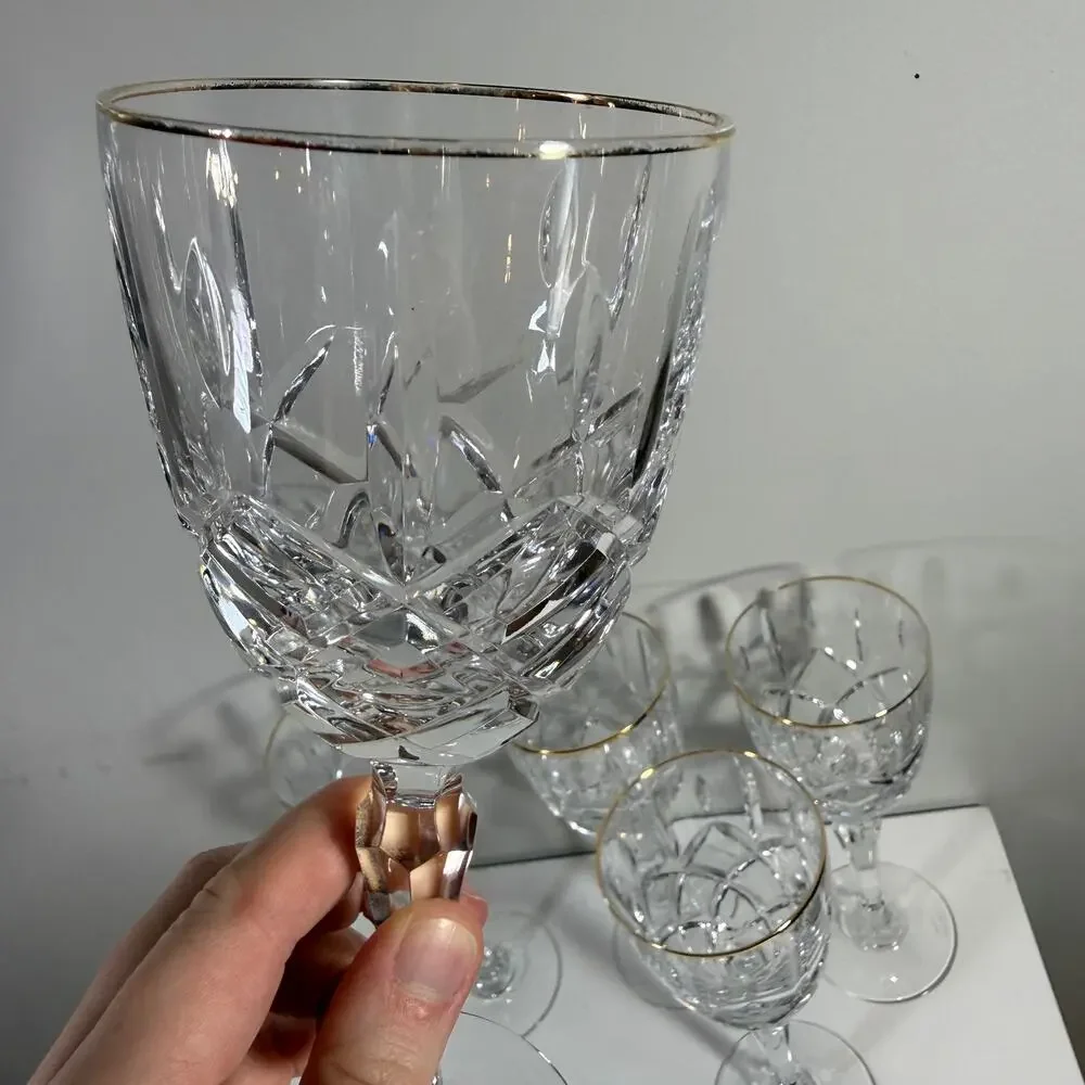 Marquis By Waterford Set of 5 Gold Rim Cut Crystal Chelsea Water Wine Goblet